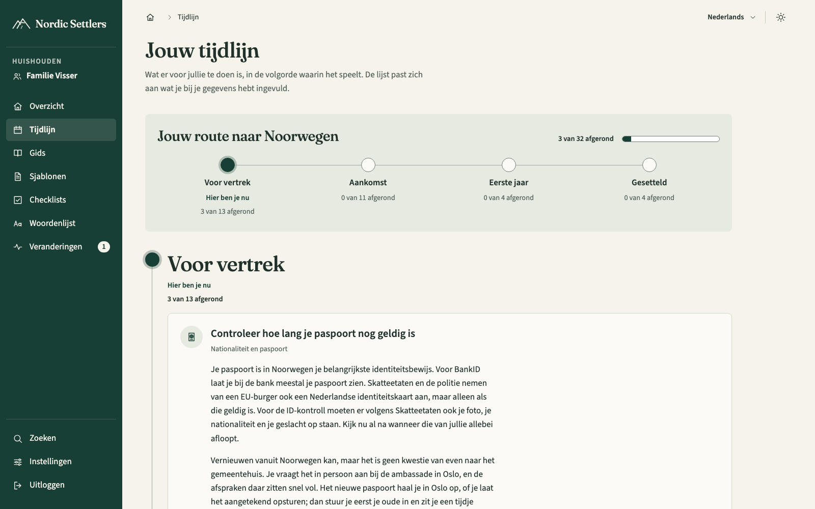 Schermafbeelding van de tijdlijn van een voorbeeldhuishouden: de route door de vier fases, Voor vertrek, Aankomst, Eerste jaar en Gesetteld, met per fase wat er al is afgerond.